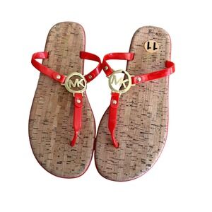 NWT Michael Kors Red Jelly Cork Thong Sandals Gold MK Logo Women's Size 11M